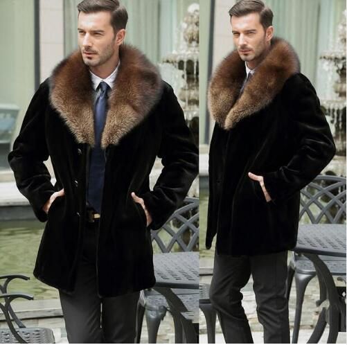 negro cálido abrigo piel de conejo faux ocasional capa corta chaqueta de hombres