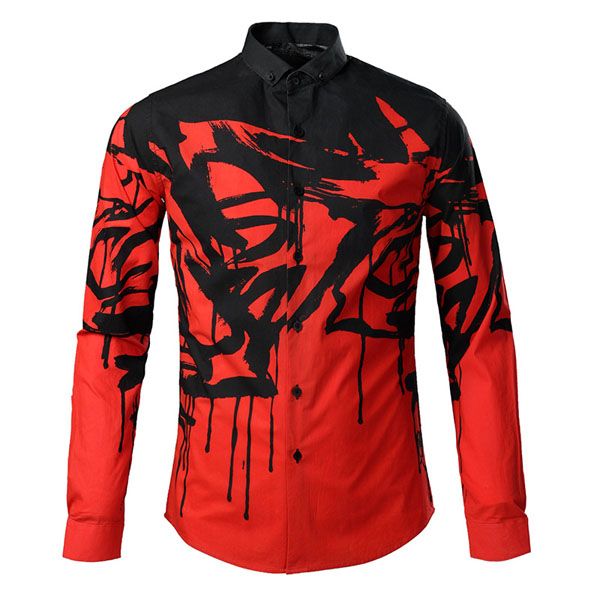 2020 Slim Black Ink Print Red Dress Shirts Spring 2015 Long Sleeve Fashion Brand Casual Mens