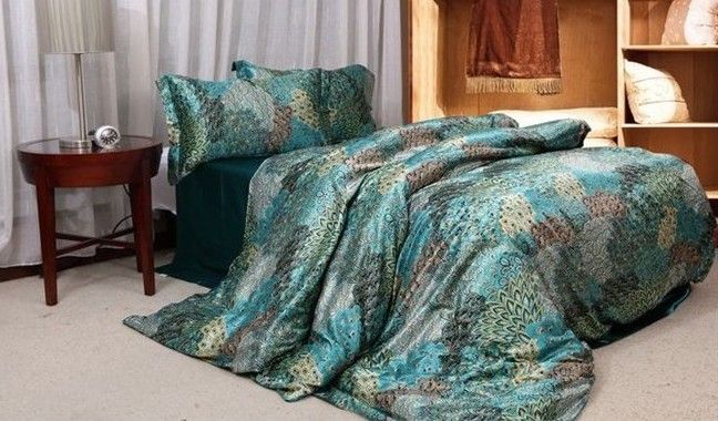 Blue Peacock Feather Bedding Set Silk Satin Super King Size Queen