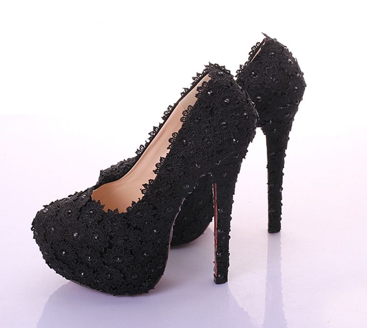 Super High Heel Bridesmaid Shoes Black Lace Rhinestone Bridal