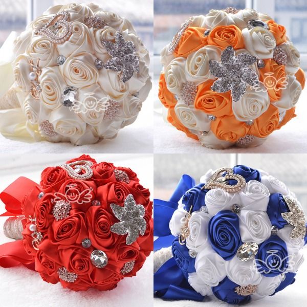 2016 Satin Rose Bride Artificial Wedding Bouquets With Cream Royal