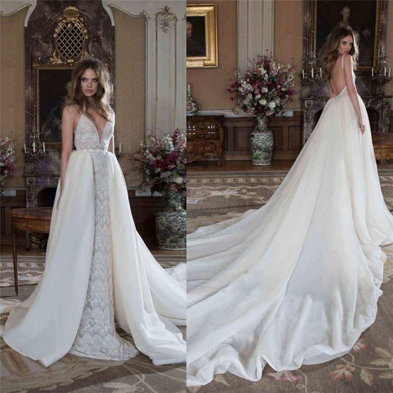 Acquistare Berta Abiti Da Sposa In Pizzo Da Sposa Con Coda Staccabile  Scollo A V Profondo Backless Abiti Da Sposa Cattedrale Treno Abito Da Sposa  Senza Maniche Economico | Consegna Veloce E