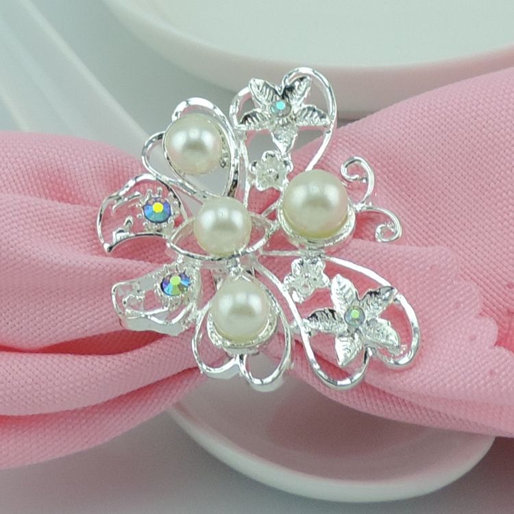 Silver Butterfly Crystal Diamond Napkin Rings White Pearls Plastic