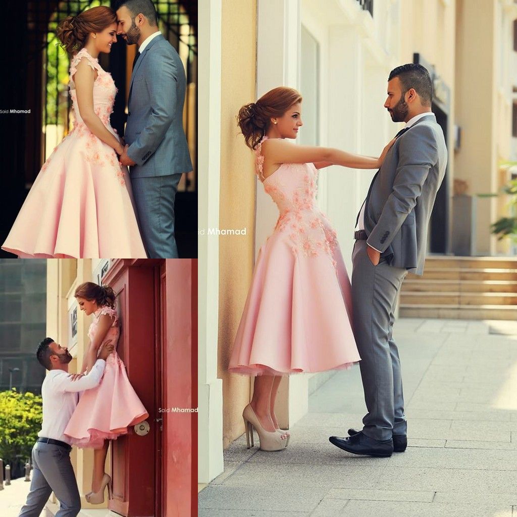 Wedding Engagement Dresses canada modern engagement dresses supply tea length evening 2017 pink vintage a line jewel cap sleeves lace appliques and 3d flowers zipper pu