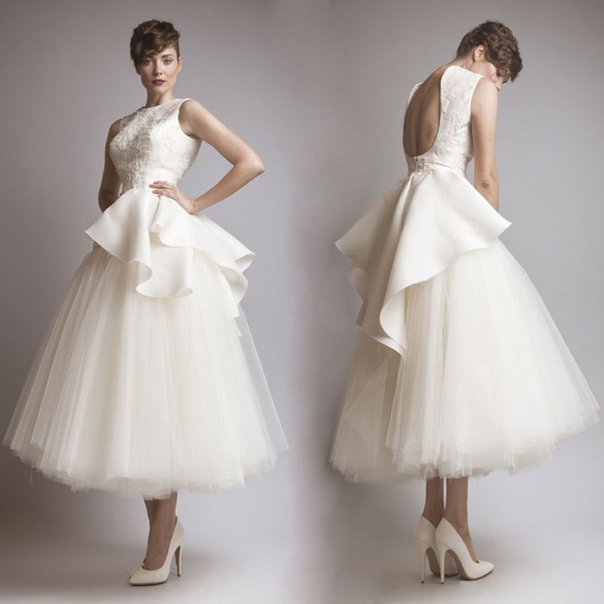 high neck tea length wedding dress