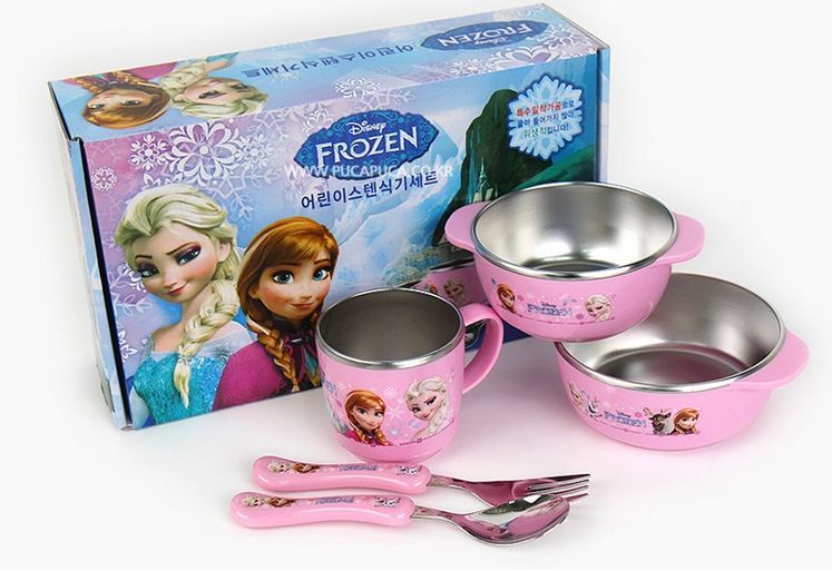Disney's FROZEN *Anna & Elsa* 5pcs Stainless Dinnerware Bowls Cup Fork Spoon 