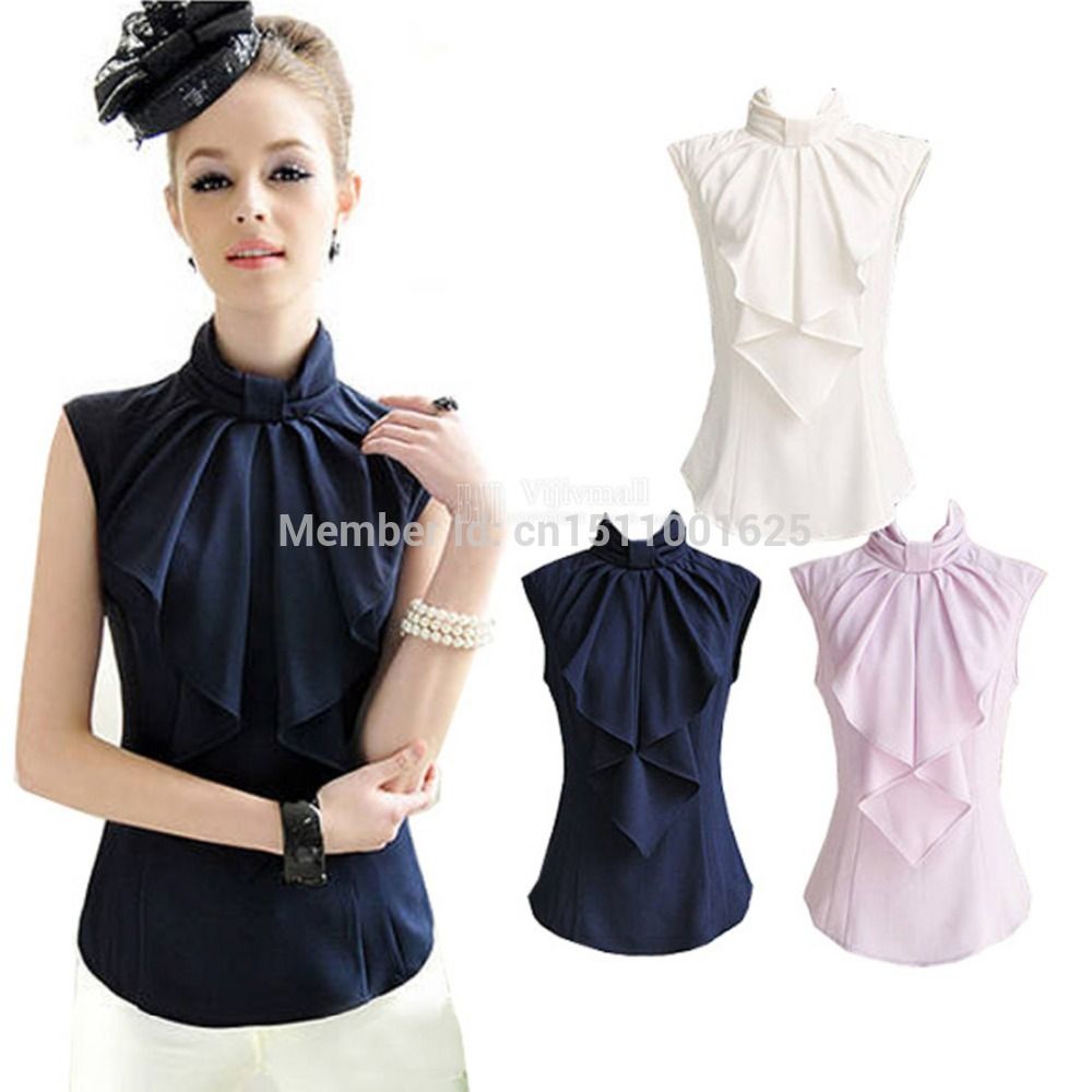 high neck ruffle sleeveless blouse
