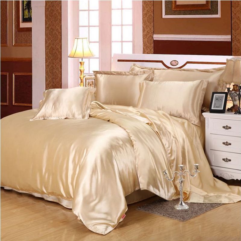 White Satin Duvet Cover Solid Color 4/Imitation Silk Bedding Set Bed