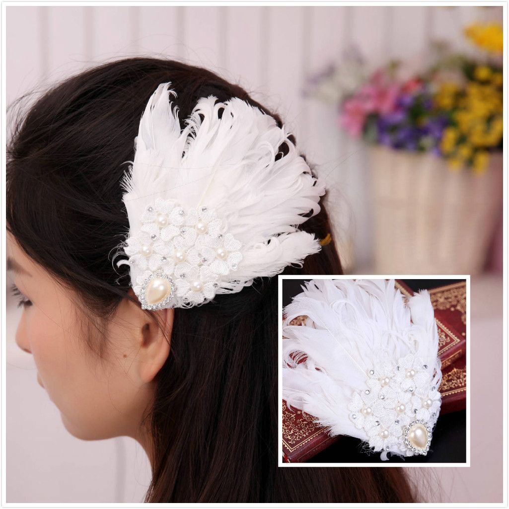 2015 Vintage Feather Wedding Hair Clips Lace Crystal Bridal