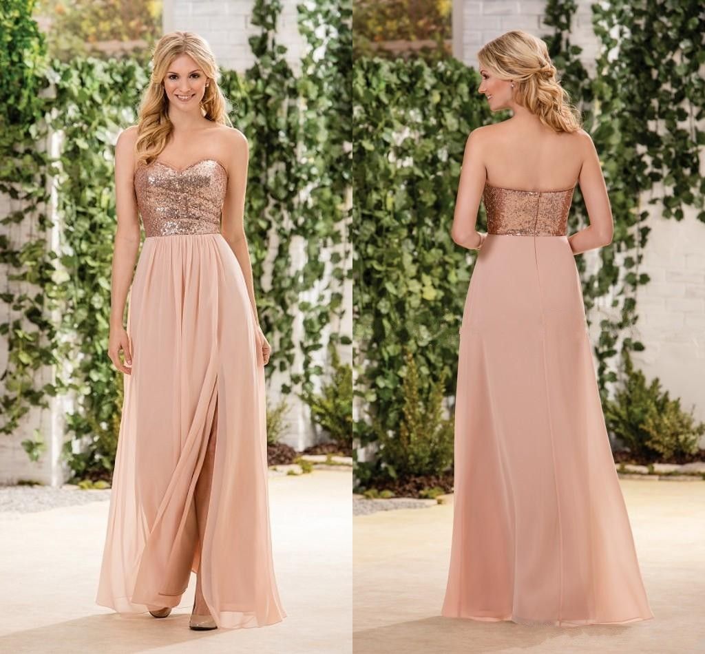 Acheter 2018 Pas Cher Robes De Demoiselle Dhonneur Or Rose Sans Bretelles Sweetheart Paillettes Côté Fente Longue Plage Mariage Robe Robe Demoiselle