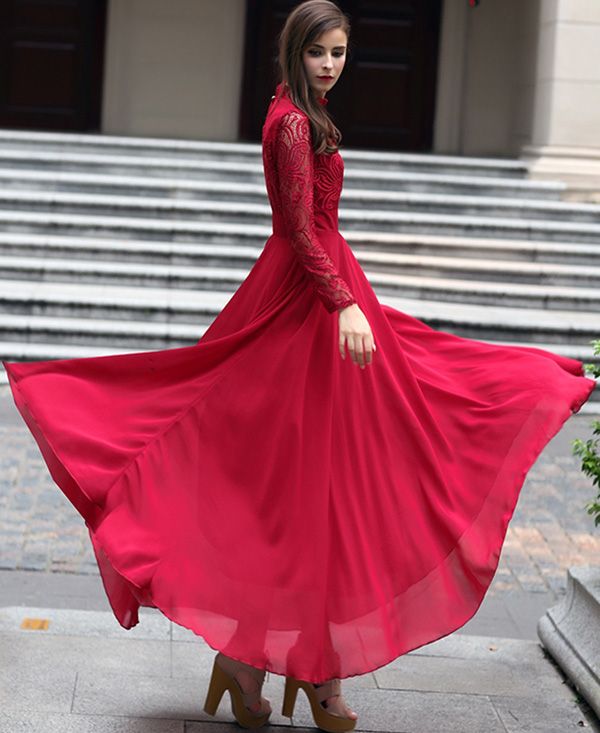 Primavera verano 2017 mujeres elegantes volantes cuello gasa vestido encaje de longitud vestido rojo