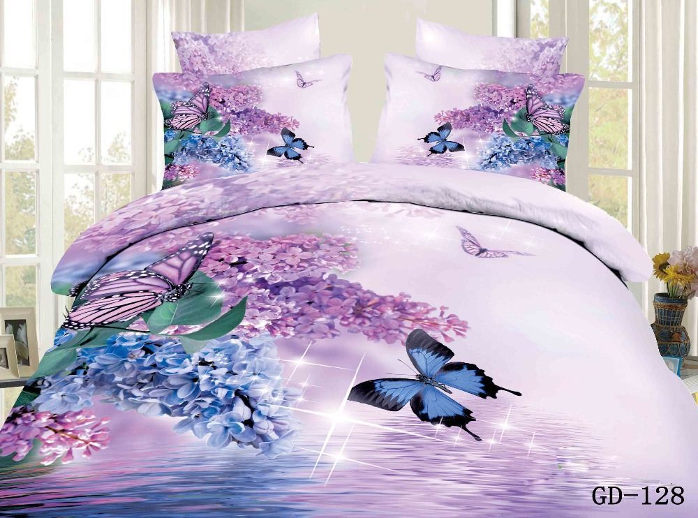 3d Pink Blue Floral Butterfly California King Bedding Set Quilt