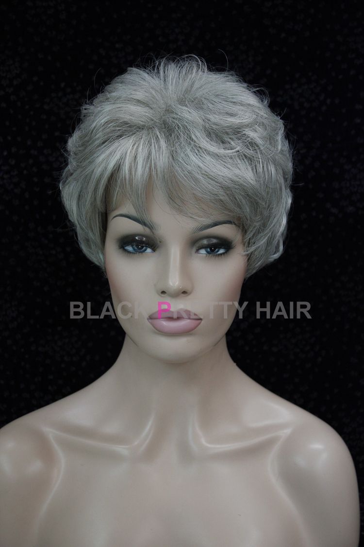 Ladies Short White And Gray Hair Wigs For Women Synthetic Lambskin