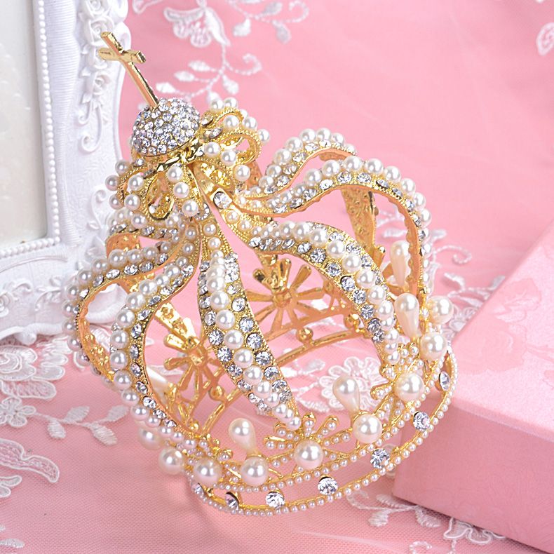 2016 New Arrive Wedding Crowns Pearls Beads Gold Bridal Tiaras Cheap Modest Fashion Hair