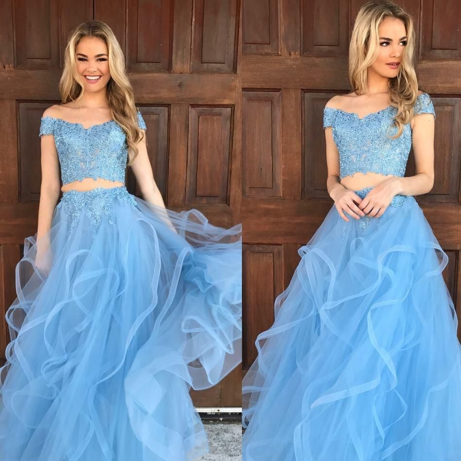 Light Sky Blue Two Piece Long Prom Dresses Lace Off The Shoulder