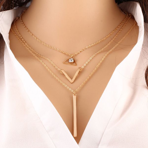 Fashion Women Gold Plated Fatima Hand 3 Layer Chain Circle Pendant Bar Necklace