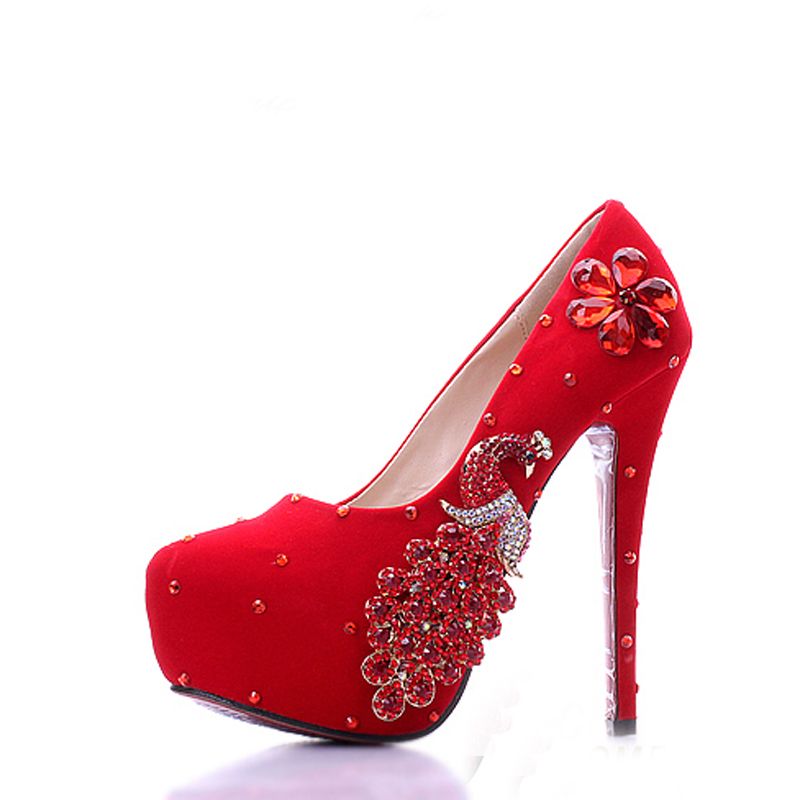 Red Bridal Dress Shoes Suede Leather Rhinestone Phoenix Bridesmaid