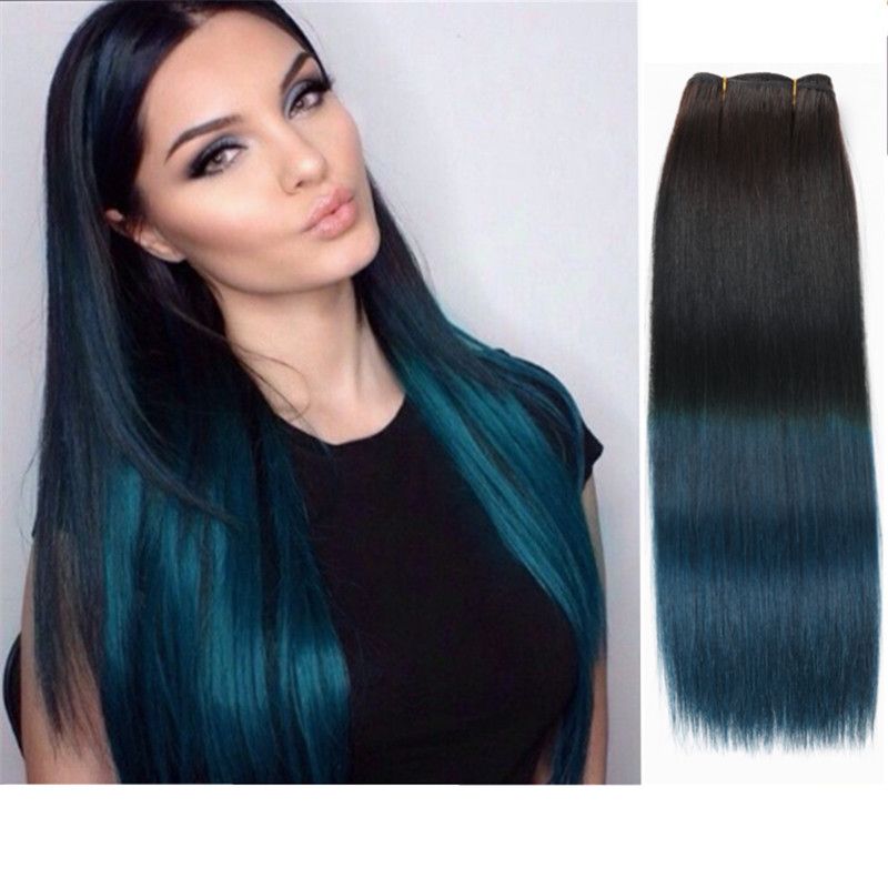 2017 Ombre Color 1B Blue Brazilian Straight Colorful Hair Bundles Human Hair  Extension 3pcs lot Two Tone 1b Dark Blue Ombre Hair