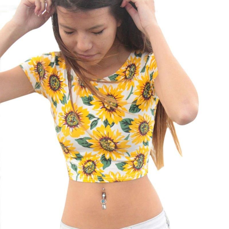 Sexy Women Lady Sunflower Crop Top T 