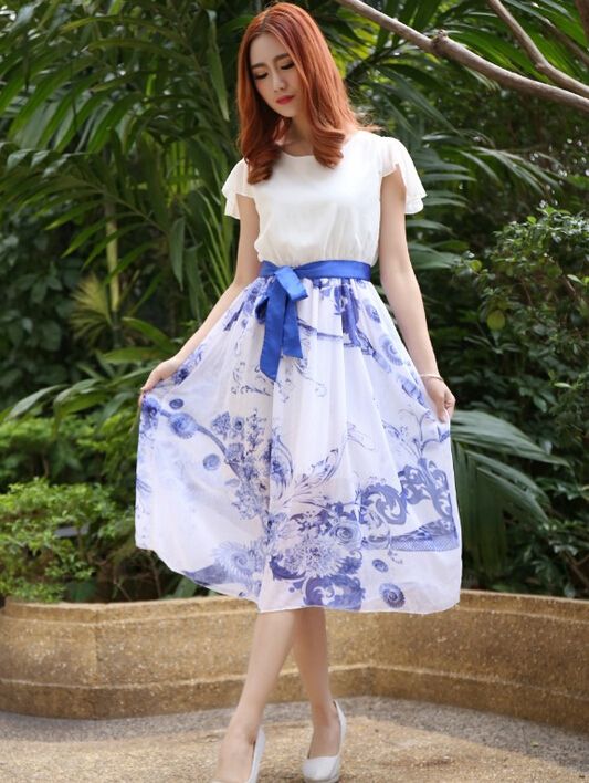 blue and white chiffon dress