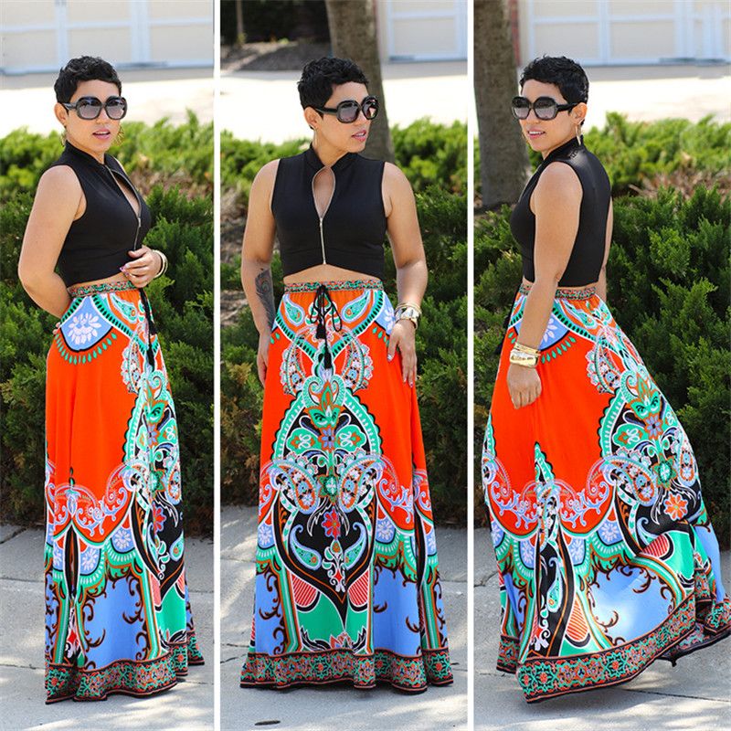 2020 Summer Style Boho Party Casual Floral Printed Maxi Skirts