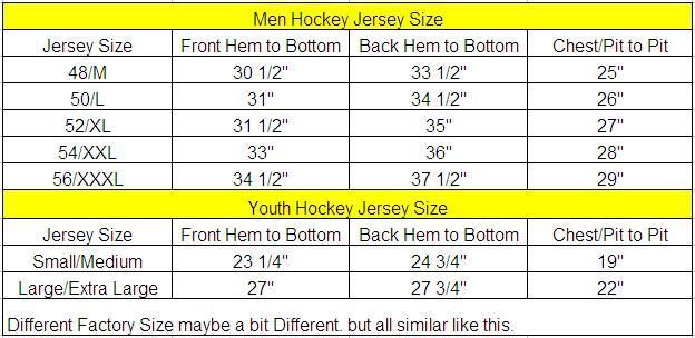 Youth Hockey Jersey Size Chart