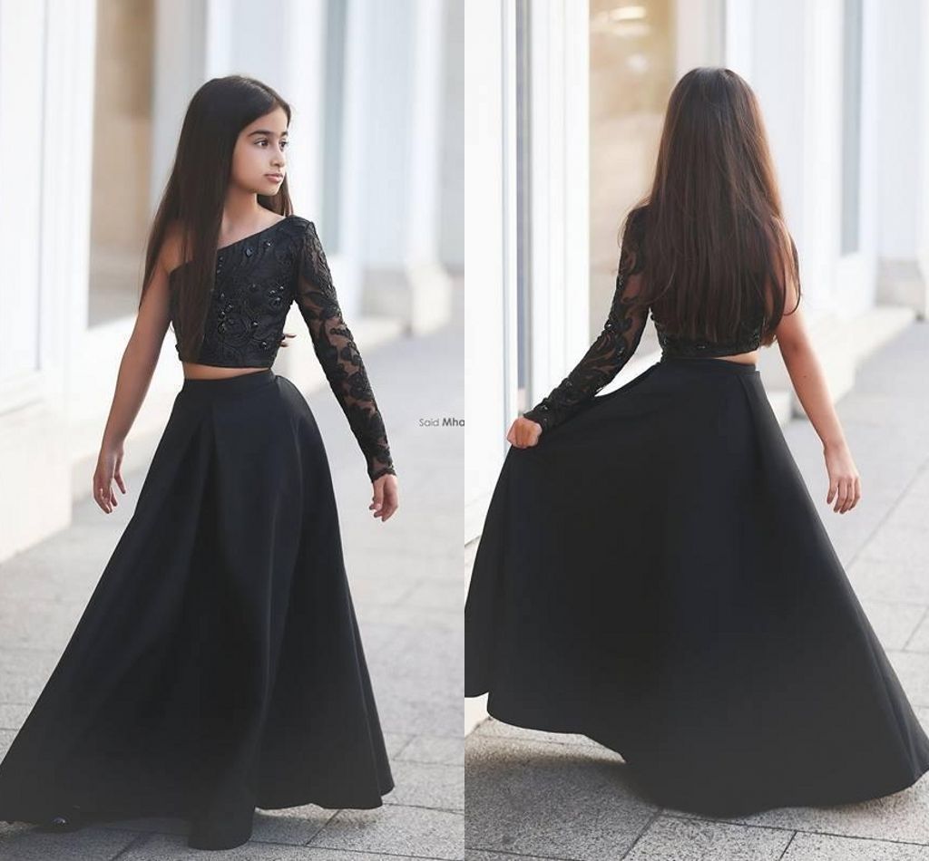 Elegant Black Two Piece Girl's Pageant Dresses 2018 Single Long Sleeve A Line Long Children Wedding Dress Flower Girl Gown First Comunion