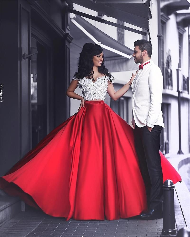 red and white floral prom dress