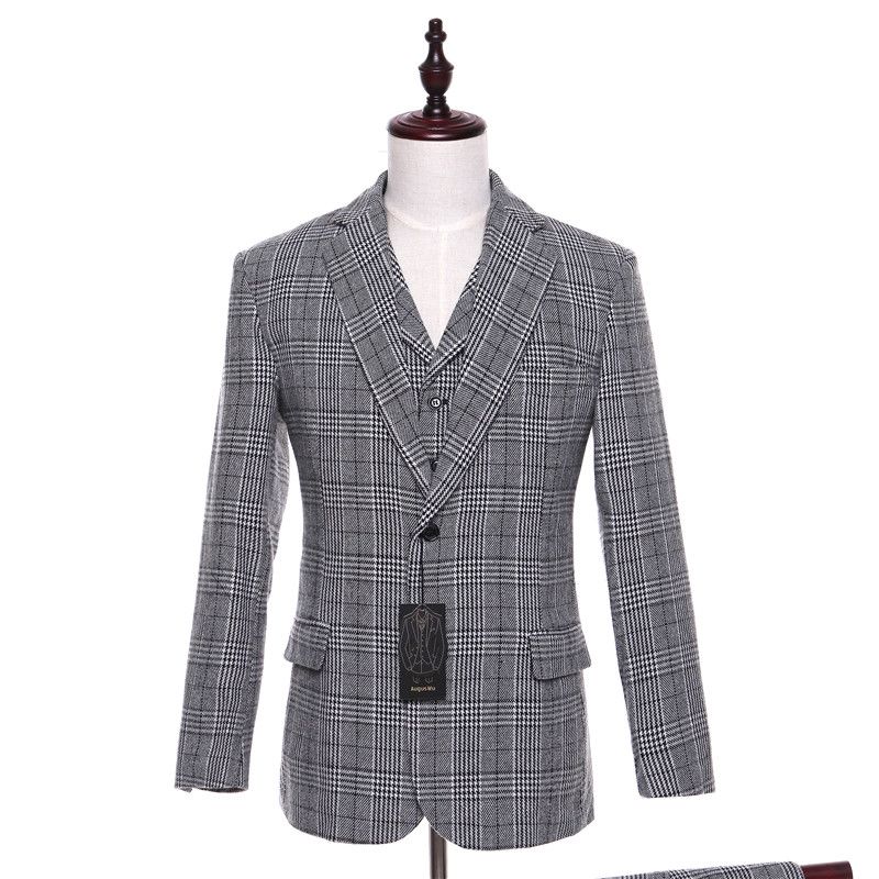New Mens Casual Blazers Jacket Light Gray Plaid Pattern Wool Slim