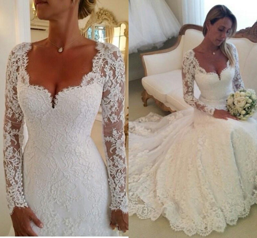 Custom V Neck Long Sleeve Wedding Dresses Lace Bridal Gowns 2 4 6 8 10 12 14 16 