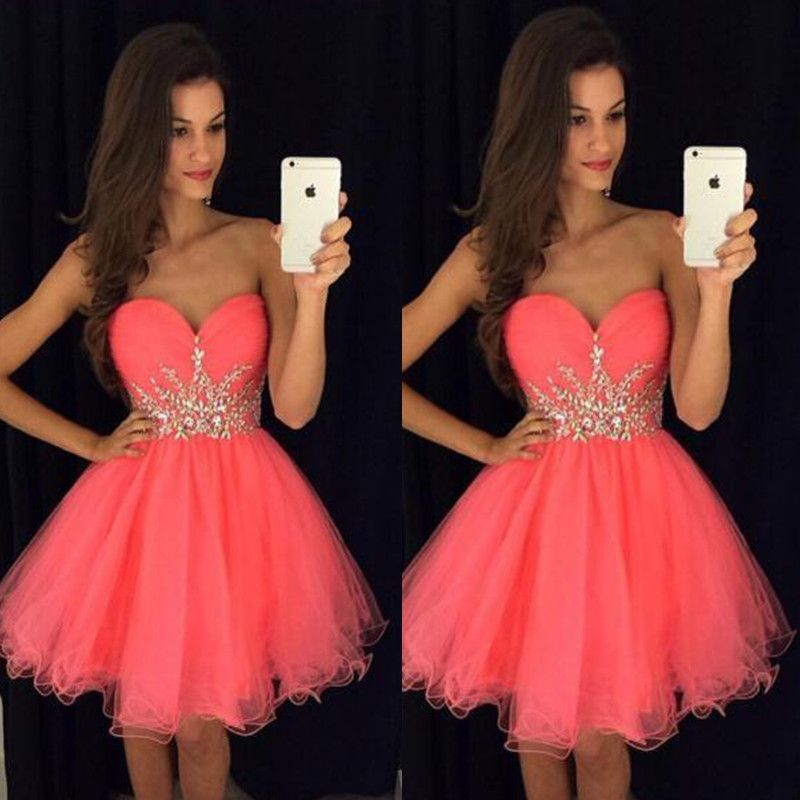 Compre Nueva Llegada De Agua De Melon Fiesta Vestidos Sin Tirantes De Partido Cristalino Del Rhinestone Corto De Tul Dulce 16 Traje De Graduacion Mini Vestido De Coctel A 75 61 Del