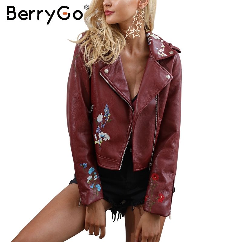 BerryGo Womens Floral Embroidery Motorcycle Biker Leather Jacket