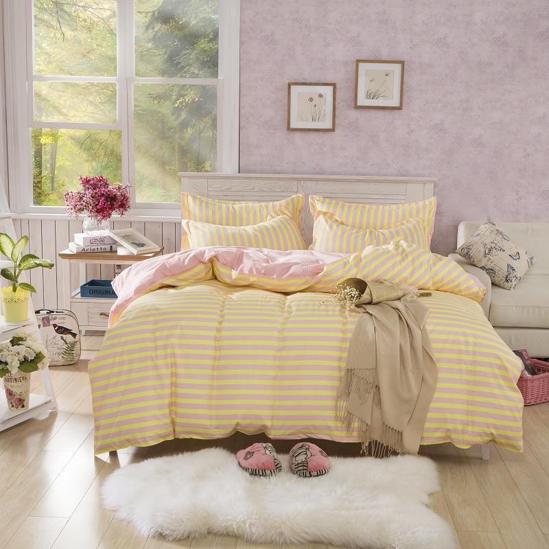 Yellow Stripe Single Double Bedding Set, Light Yellow Comforter Set