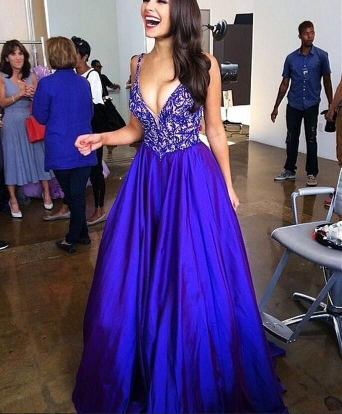 Royal Blue Prom Dresses Applique Beads Formal Long Satin Evening Gowns ...