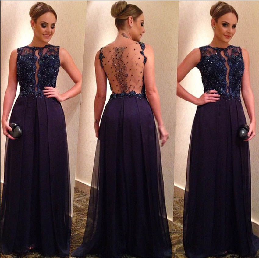 Compra 2015 Largo Azul Marino Con Cuentas Corset Prom Vestidos Fiesta  Vestido De Noche Elegante Formal De Cuello Alto Apliques De Gasa Vestido  Por Encargo Barato | Entrega Rápida Y Calidad | Es.Dhgate