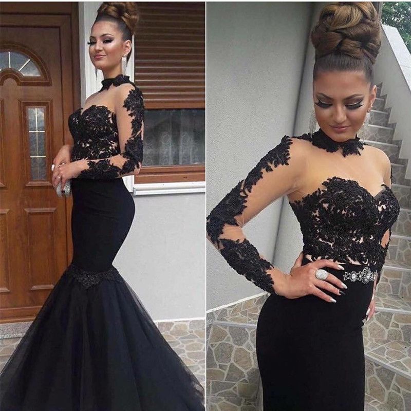 long sleeve lace black mermaid evening dress