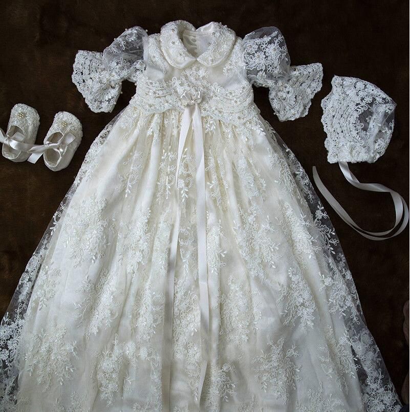 Luxury Baby Infant Christening Dresses Baptism Gowns Pearls With Bonnet Custom