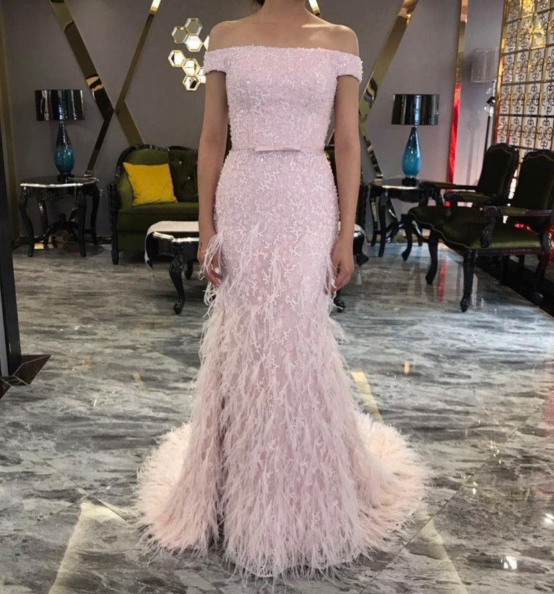 off shoulder feather dress