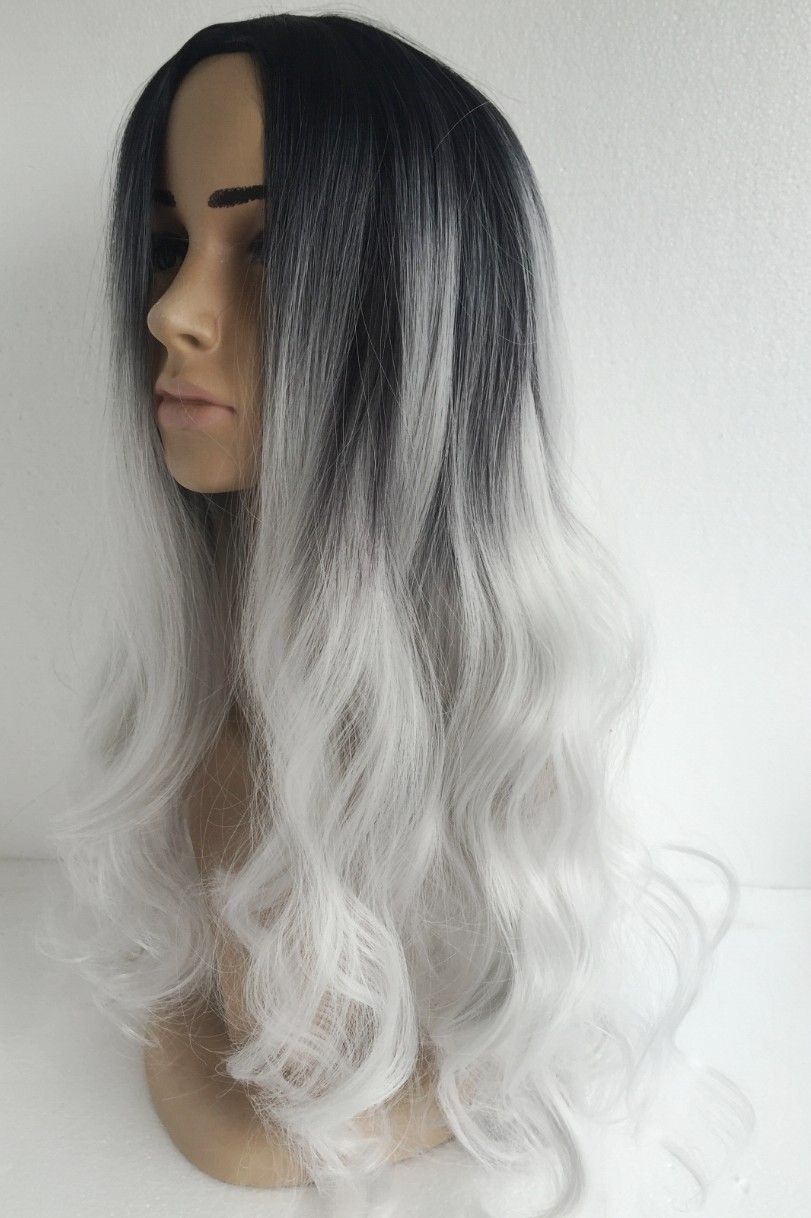 Long Curly Hair Ombre Wigs Two Tone Natural Black Silver White