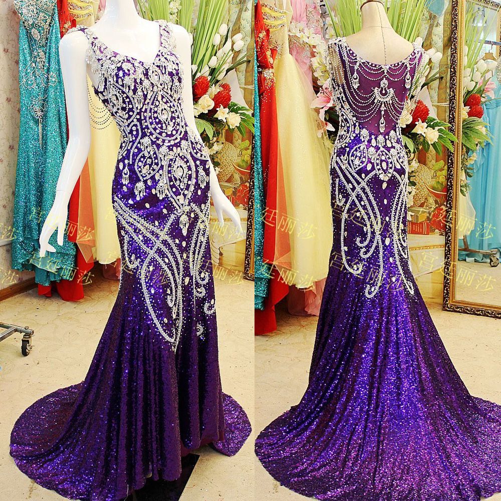Actual Pictures Bling Purple Crystal Evening Dress Sequin Long Prom Gowns 2015 V Neck Mermaid