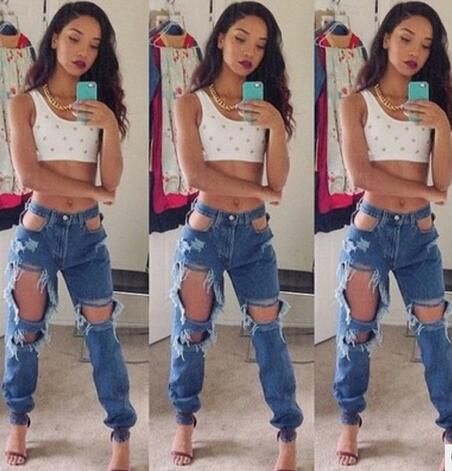 2019 Designer Denim 2016 New Fall Women Denim Pants Fashion Boyfriend Ripped Jeans Big Hole Skinny Trousers High Waist Feet Pencil Pants From