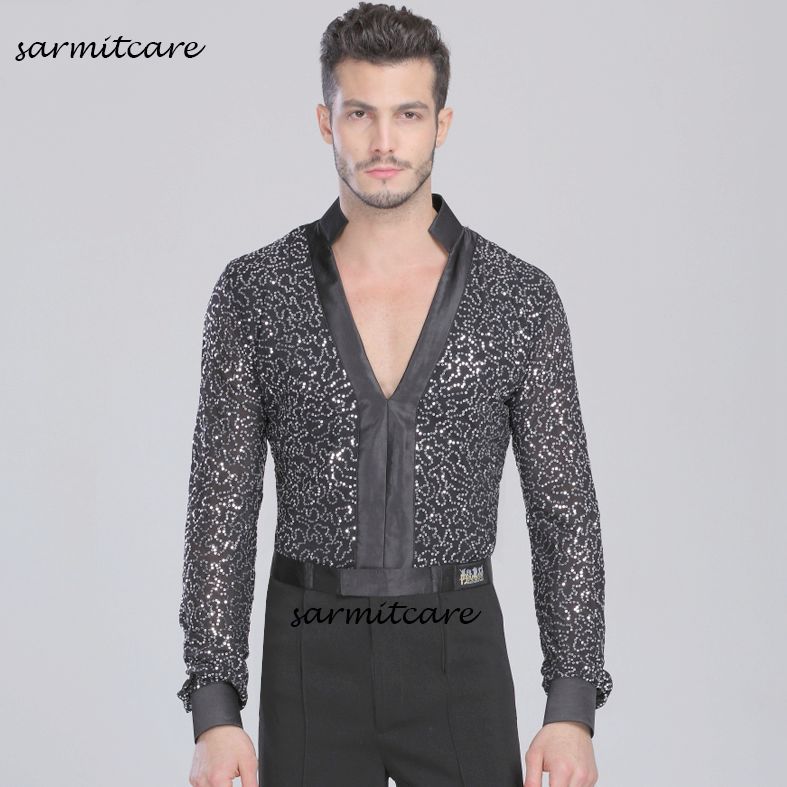 Hombre latino Camisa de baile latino para hombres Disfraces de baile de samba Traje de samba tango Ropa de baile Camisas latinas V Cuello de manga larga Glitter