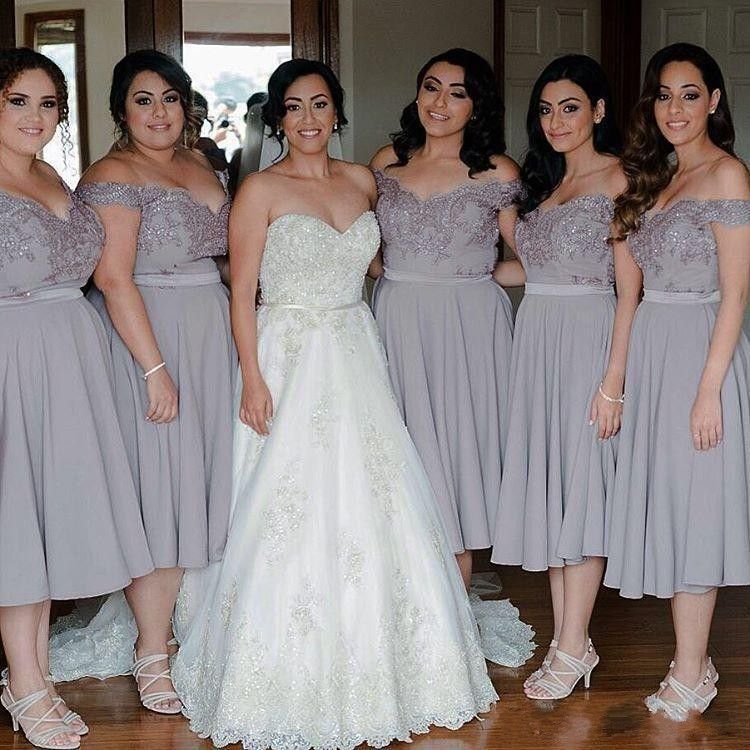 off the shoulder grey bridesmaid dresses