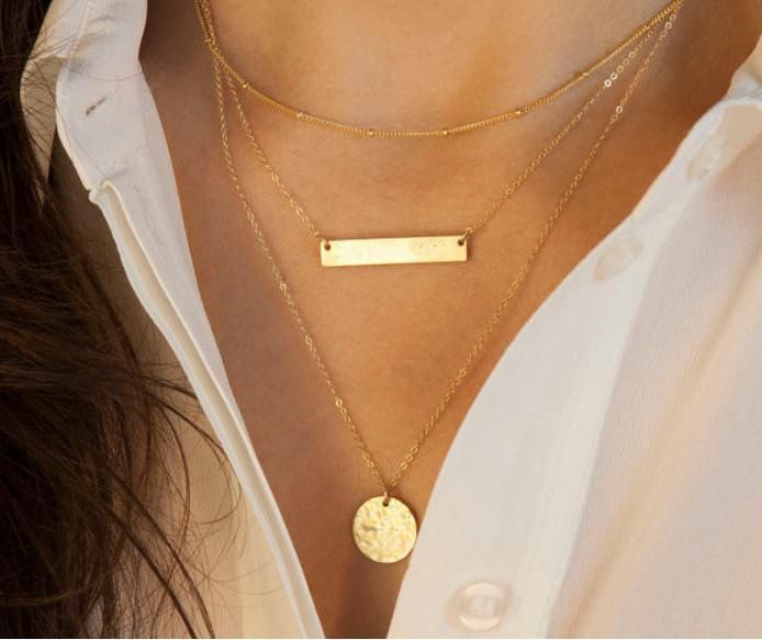 Fashion Women Gold Plated Fatima Hand 3 Layer Chain Circle Pendant Bar Necklace