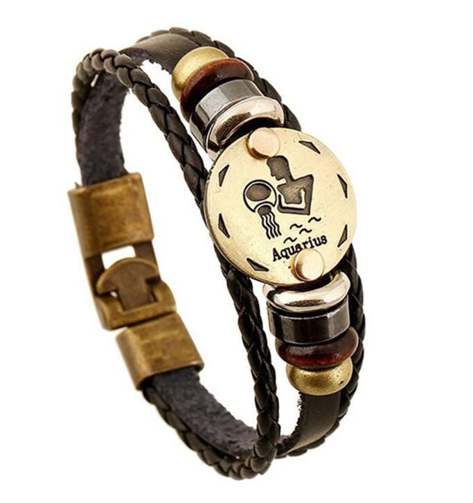 Doce Constelaciones Zodíaco Pulsera De Cuero Negro Piedra De Doce Constelaciones Zodíaco Pulsera De Cuero Negro Piedra De