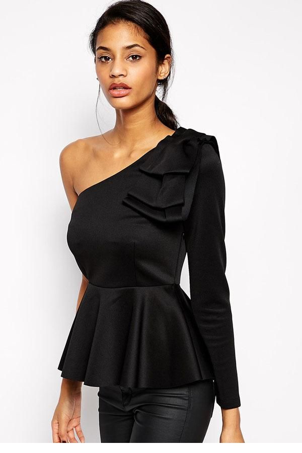 2020 Womens Party Tops All Black One Shoulder Tops Peplum Womens Tops