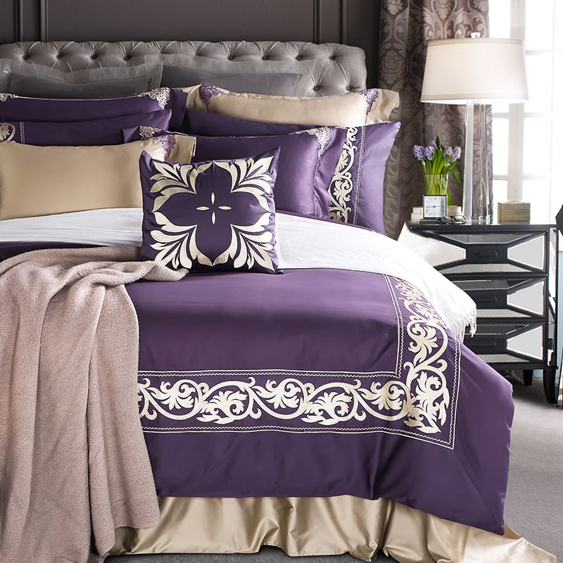 4 Egyptian Cotton Noble Luxury Purple Bedding Set Embroidered