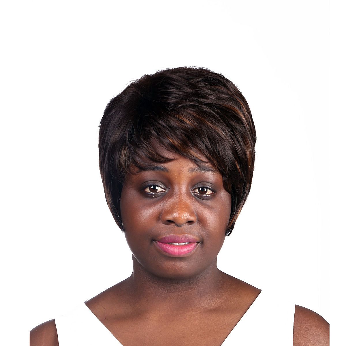 Mischhaarperücke Chemische Faserperücke Spiffy Kurze Haarschnitt Capless Gerade Brown Highlight Perücke Für Frauen Kann Großhandel Vertrieb