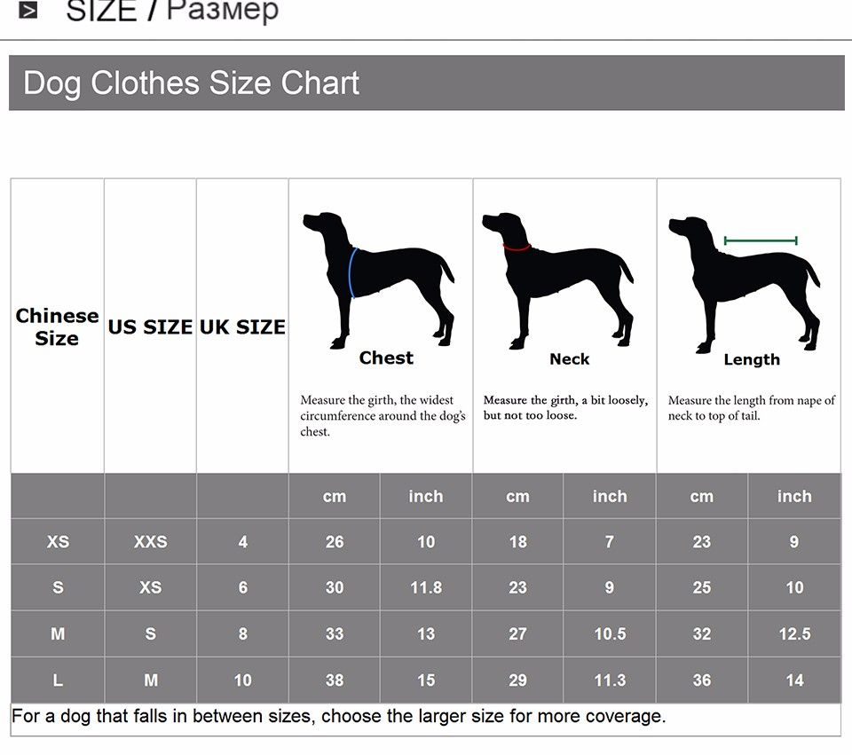 Puppy Clothes Size Chart