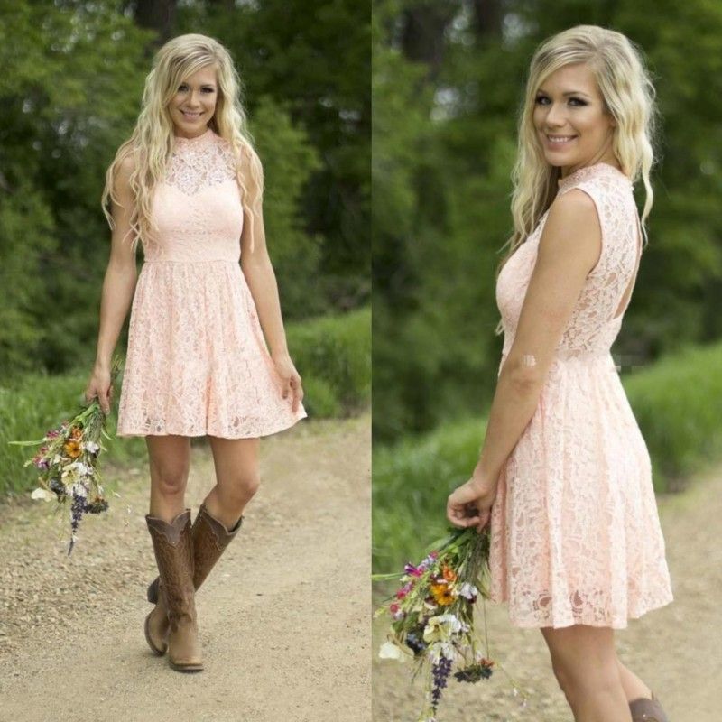 2019 Pink Country Style Short Junior Bridesmaid Dresses Lace